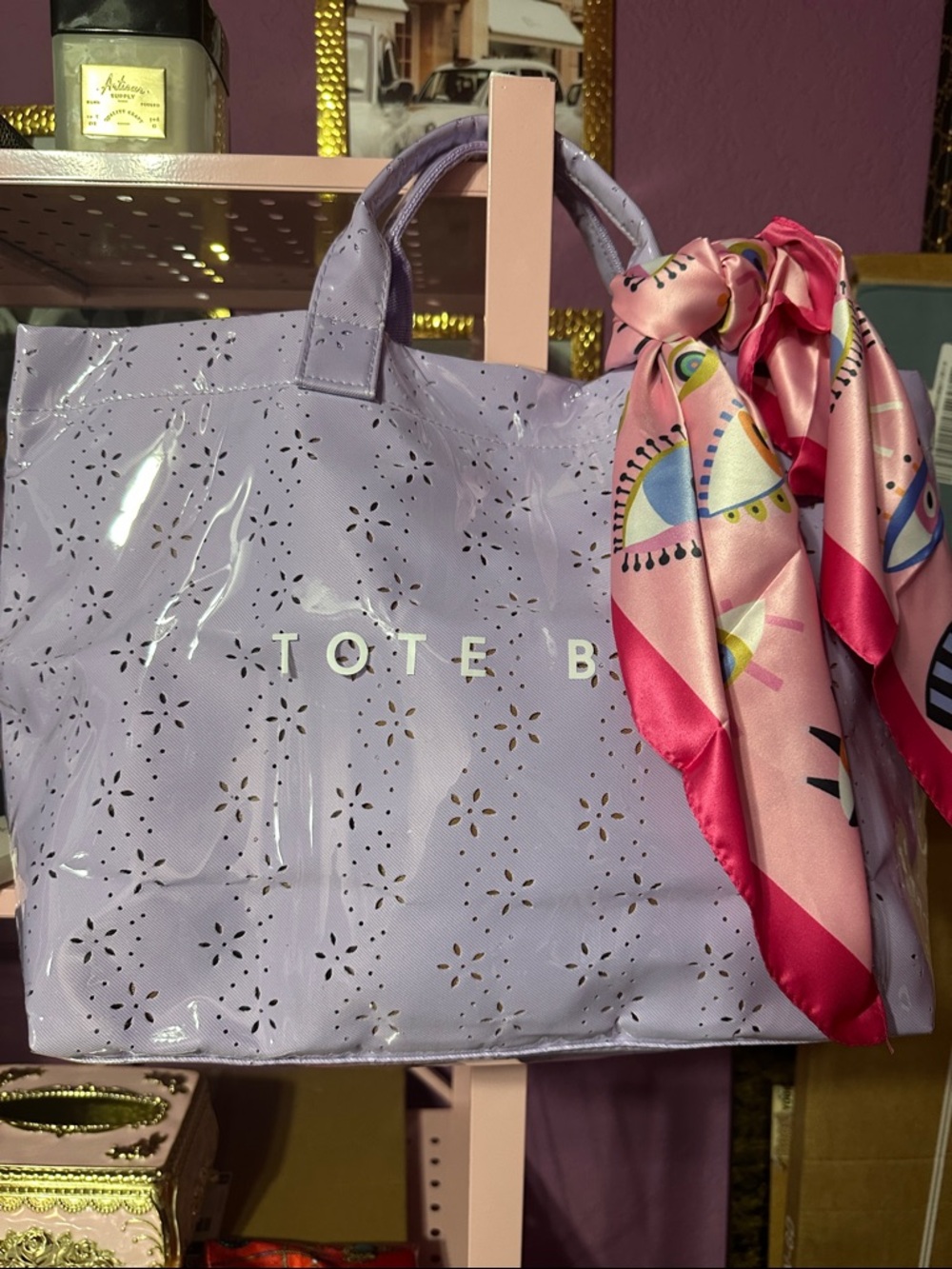 Lavender Patent Laser-Cut Tote with Pink Scarf Accent